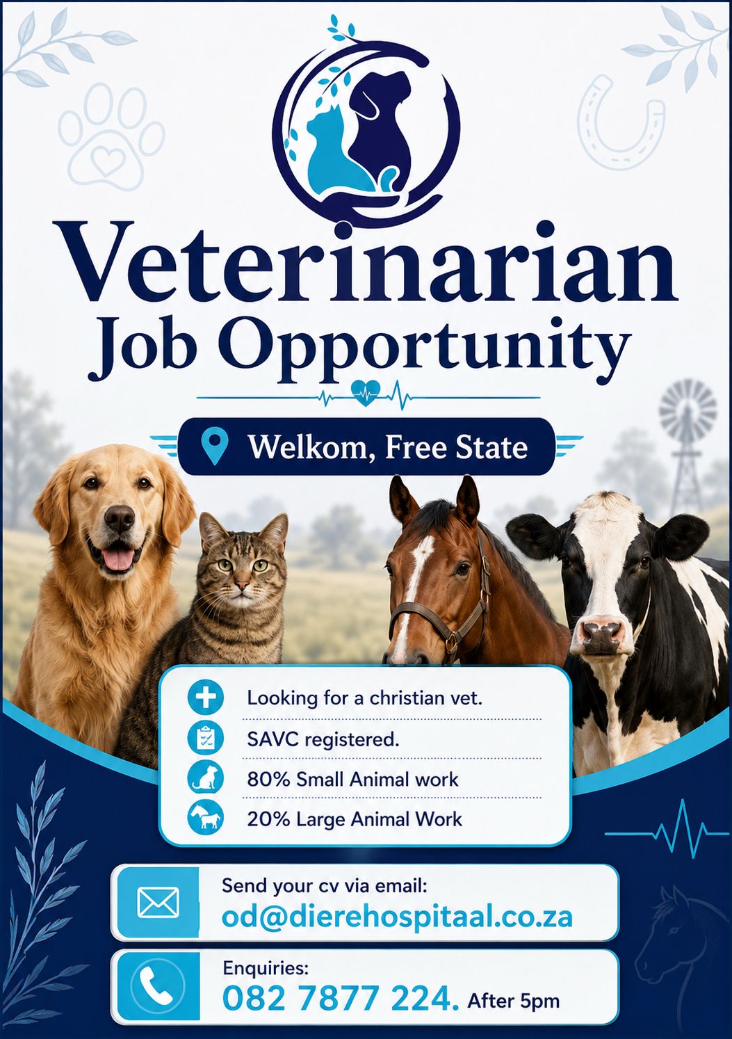 Veterinarian Job Opportunity, Free State Goldfields. SAVC registered. 80% small animal, 20% large animal.